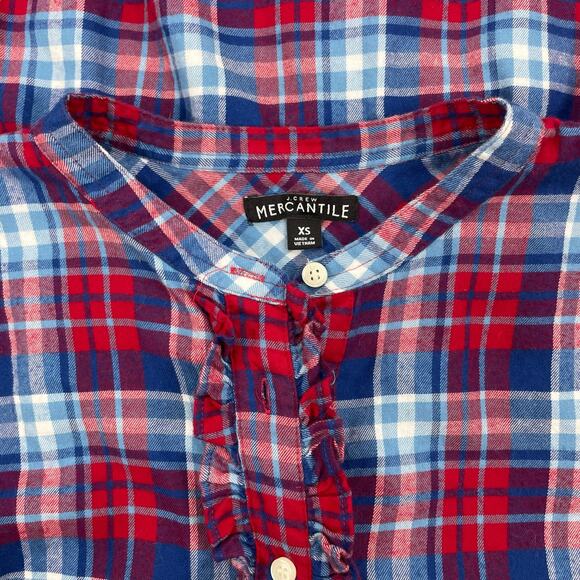 J. Crew Mercantile Flannel Plaid Popover Shirt Top Ruffle Blue Red Size XS - Picture 11 of 11